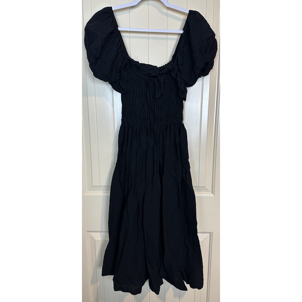 MABLE black Midi Dress Puff Sleeve Tiered black smocked Milkmaid Sz S GUC